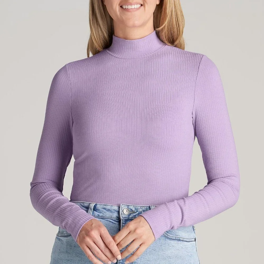 Uniqlo Ribbed Glitter High Neck LongSleeve T-Shirt Lavender Scalloped Size Small - Picture 3 of 8